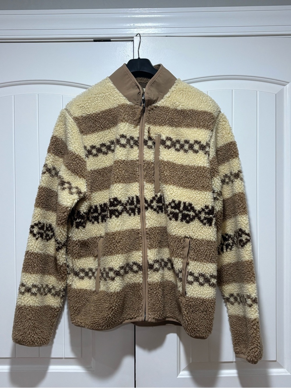 J. Crew Men's Cream and Brown Striped Sherpa Zip-Up Jacket